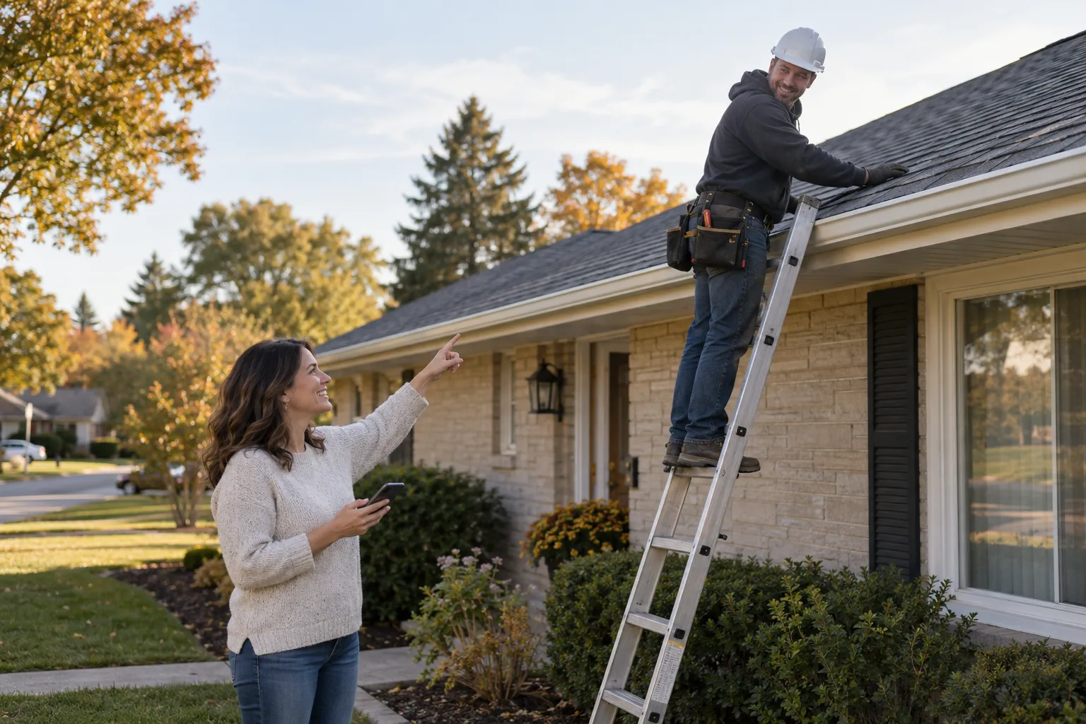 Friendly roofing provider on a ladder inspecting shingles on a frame house in Cincinnati with a homeowner watching from the yard