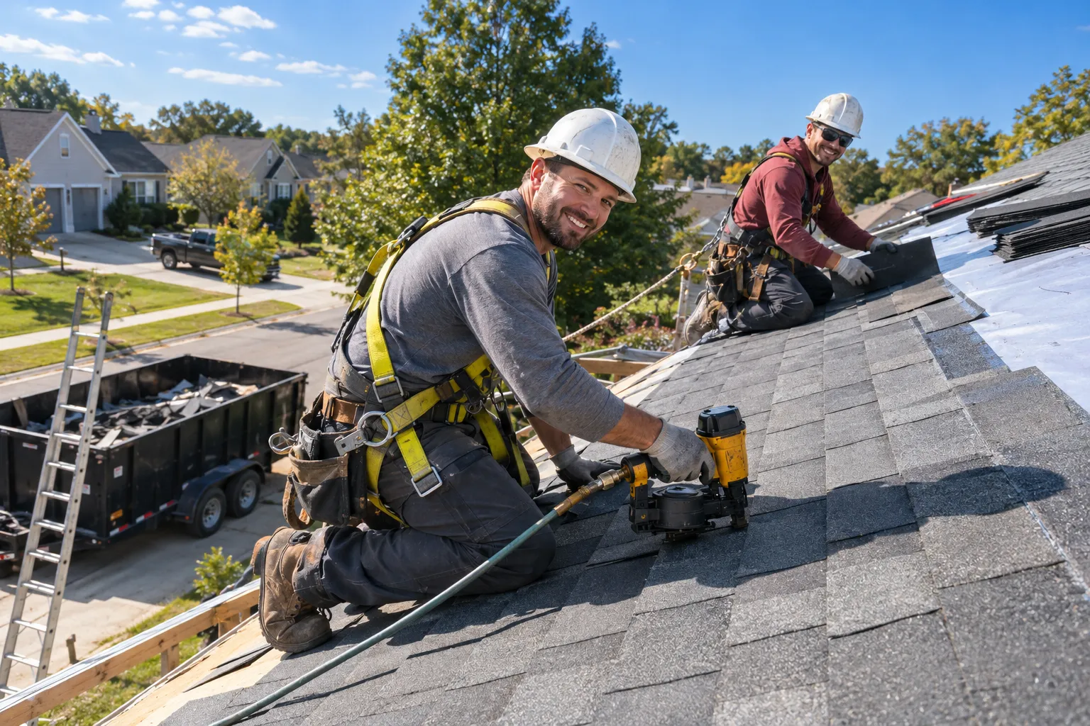 A local roofing provider laying new shingles on a house roof in Cincinnati on a clear day