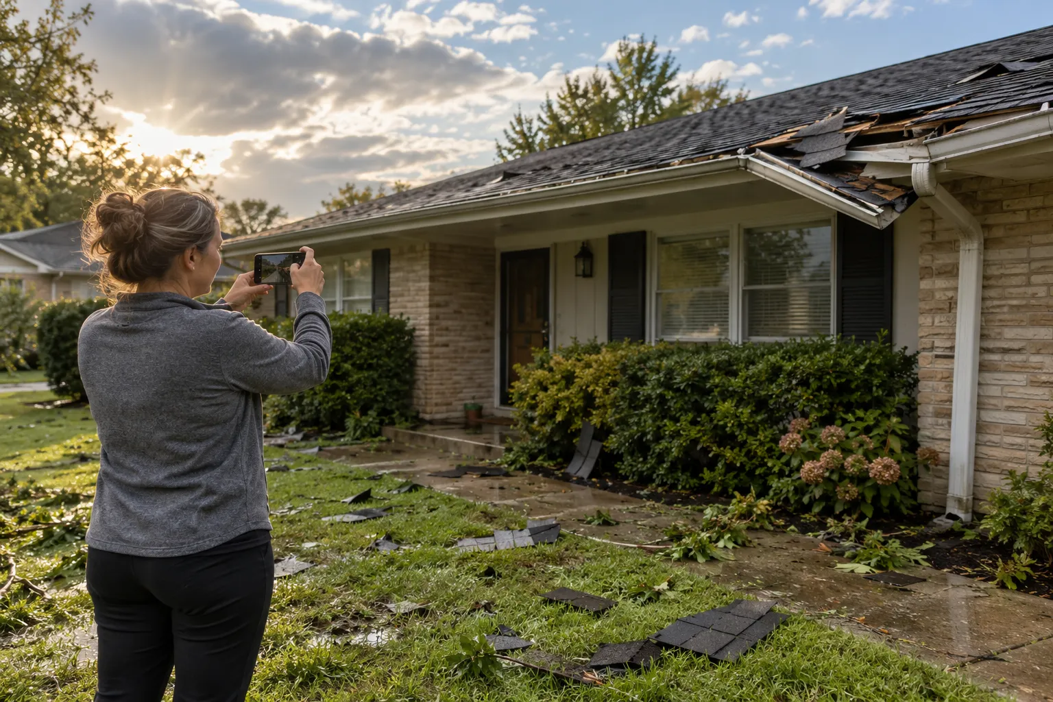 Homeowner looking up at a hail-damaged roof from the yard after a storm in the Cincinnati area